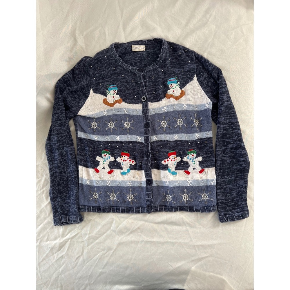 Vintage White Stag Snowman Christmas Cardigan Sweater Beaded Appliqué Holiday M